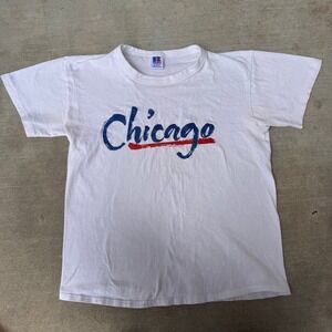 Vintage 80s Russell Athletic Chicago Graphic T‎ Shirt White USA Medium